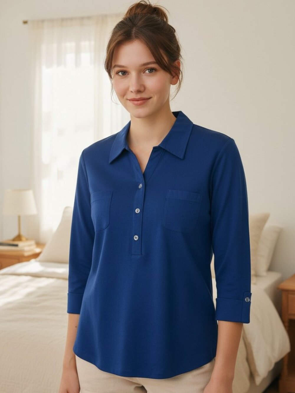 Karen Scott Navy 100% Cotton Knit Top Collared 3/4 Sleeve Pockets Preppy